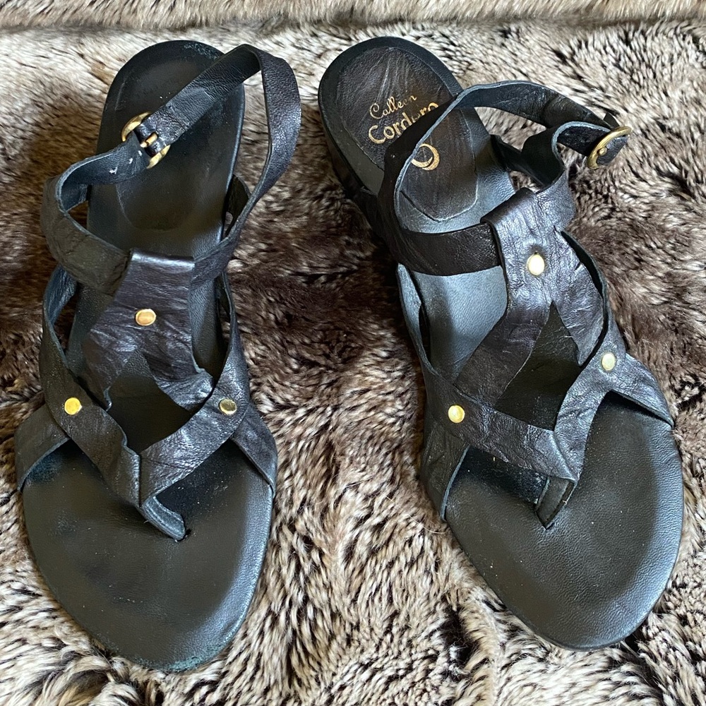 Calleen Cordero black leather strappy thong wedge sandal 9